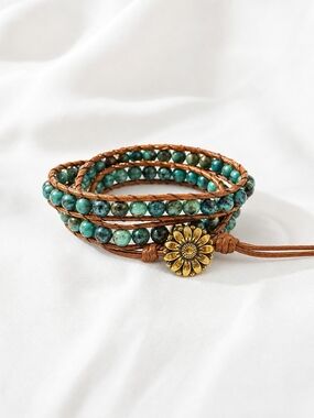 African Pine Beaded Wrap Bracelet Boho Green Brown Gold Flower Clasp